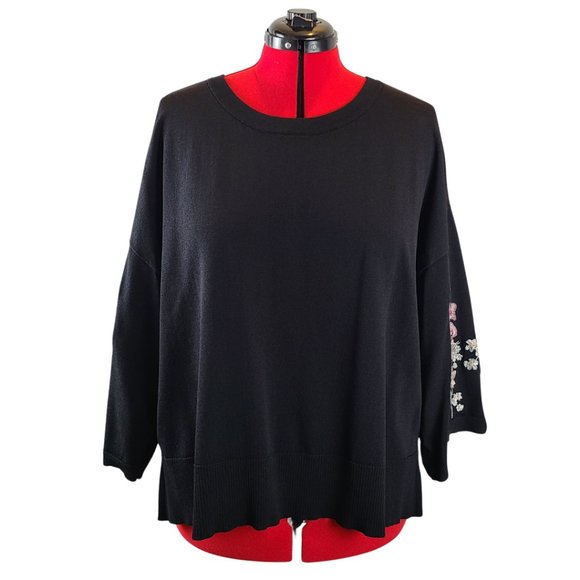INC Black Sweater with Pink Embroidered Flower Sleeve Detail GUC 3X - Picture 2 of 8